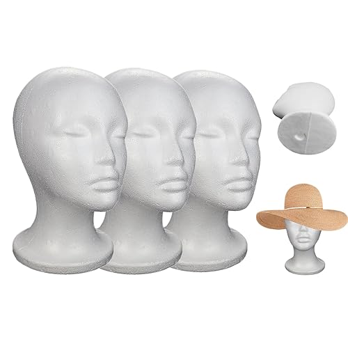 Générique Lot de 3 supports de perruque en polystyrène, têtes de mannequin en mousse pour femme, présentoir portable pour salon de coiffure