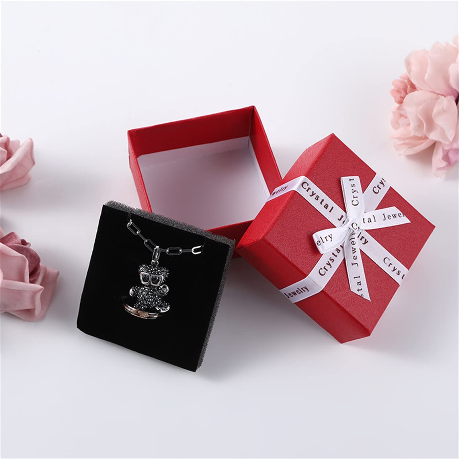 Restokki Bow Tie Gift Boxes Multipurpose English Letters Bow Tie Small Jewelry Boxes with Lid for Necklaces Earrings Rings (Red/letter bow 7.5 * 7.5 * 3.5 (including sponge))