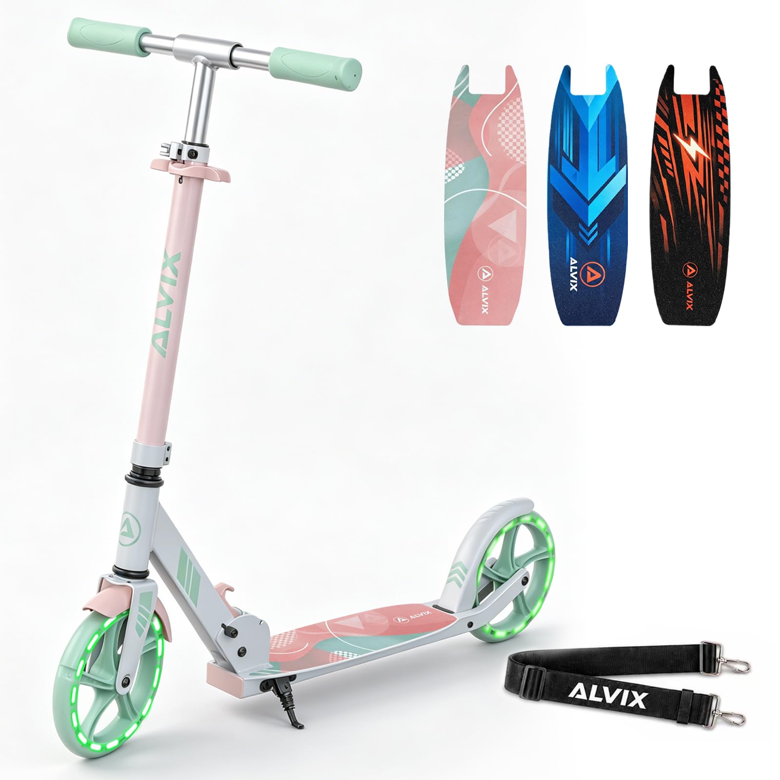 ALVIX Hulajnoga dziecięca z kołami LED, regulowana wysokość, kółka 200 mm, składany skuter z paskiem do noszenia, szeroki pokład do 100 kg