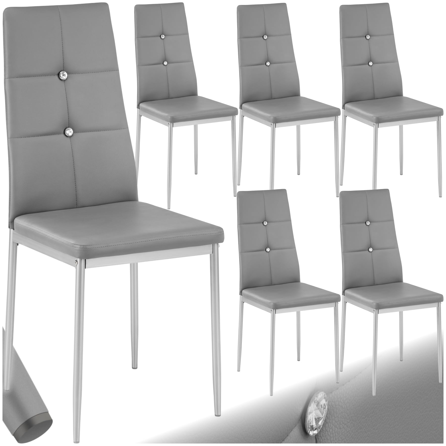 tectake® Silla de Comedor, Asiento y Respaldo Acolchado, Piel Sintética, Piedras Brillantes, Sillas Modernas, Sillas Cocina, Alta Capacidad de Carga, Montaje Rápido - 6 Sillas Gris