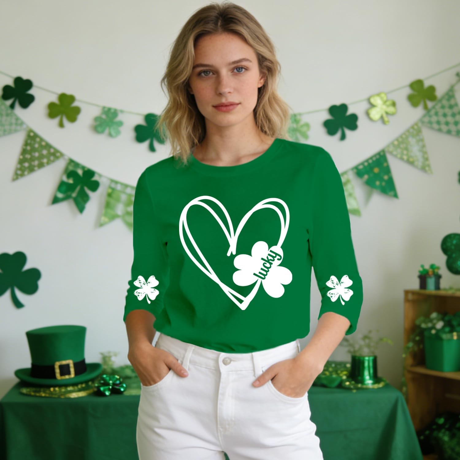 St Patricks Day Shirt for Women 3/4 Long Sleeve Love Shamrock Paddys Day Shirts Irish Lucky Clover Tee Tops - Image 2