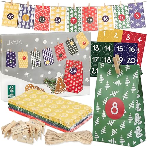 Calendario de Adviento para Rellenar DIY 2025 - Incluye 24 Bolsas Reutilizables, Pegatinas Numeradas y Pinzas de Madera - Calendario de Adviento Artesanal LIVAIA para Decoración Navideña