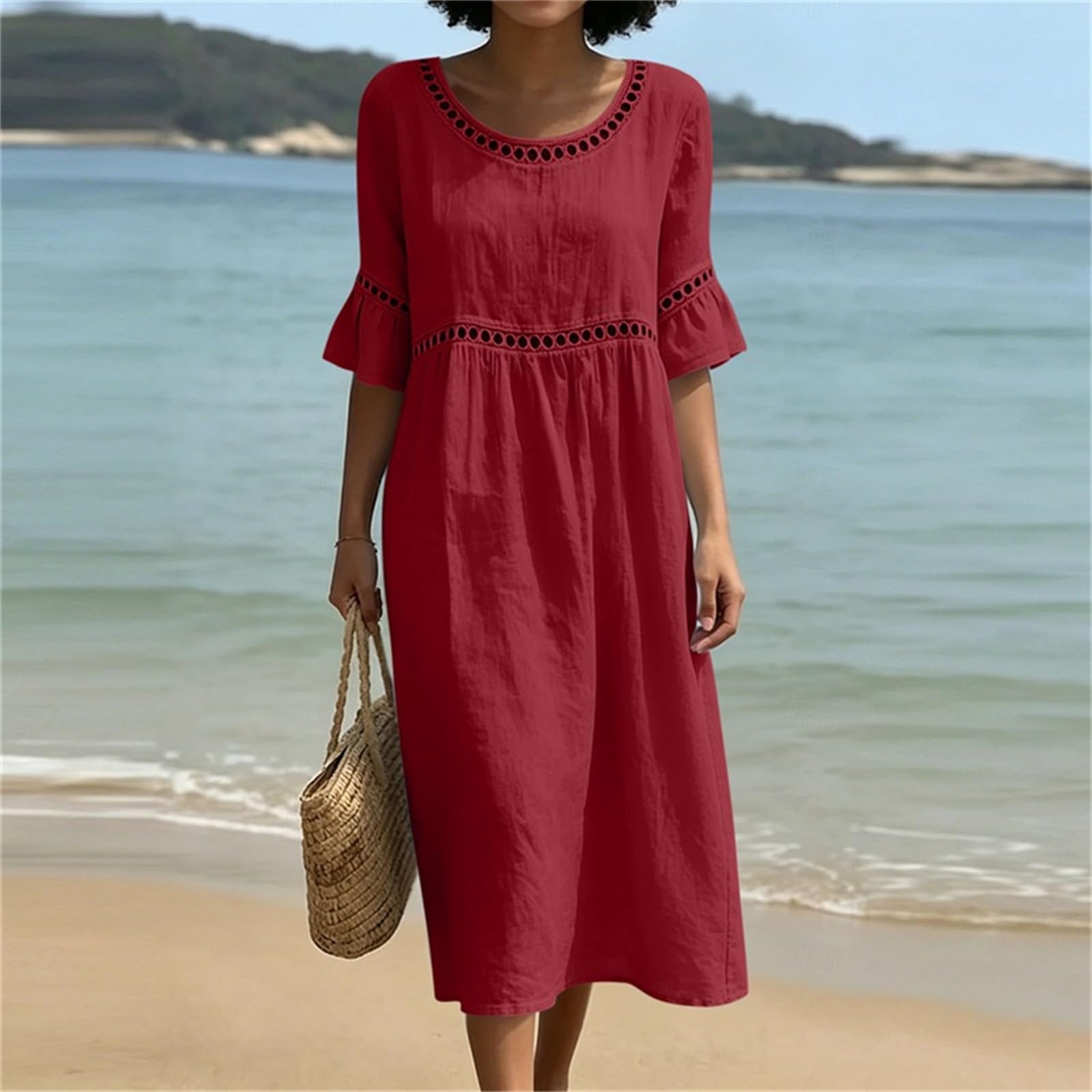Sommerkleid Damen Lang Boho Elegant 3/4 Ärmel Lochstickerei Musselin Locker Boho Kleid Sommer Strandkleid Elegant Baumwolle Leinenkleid A-Linie Hohe Taille Maxikleid Leicht und Luftig Freizeitkleid