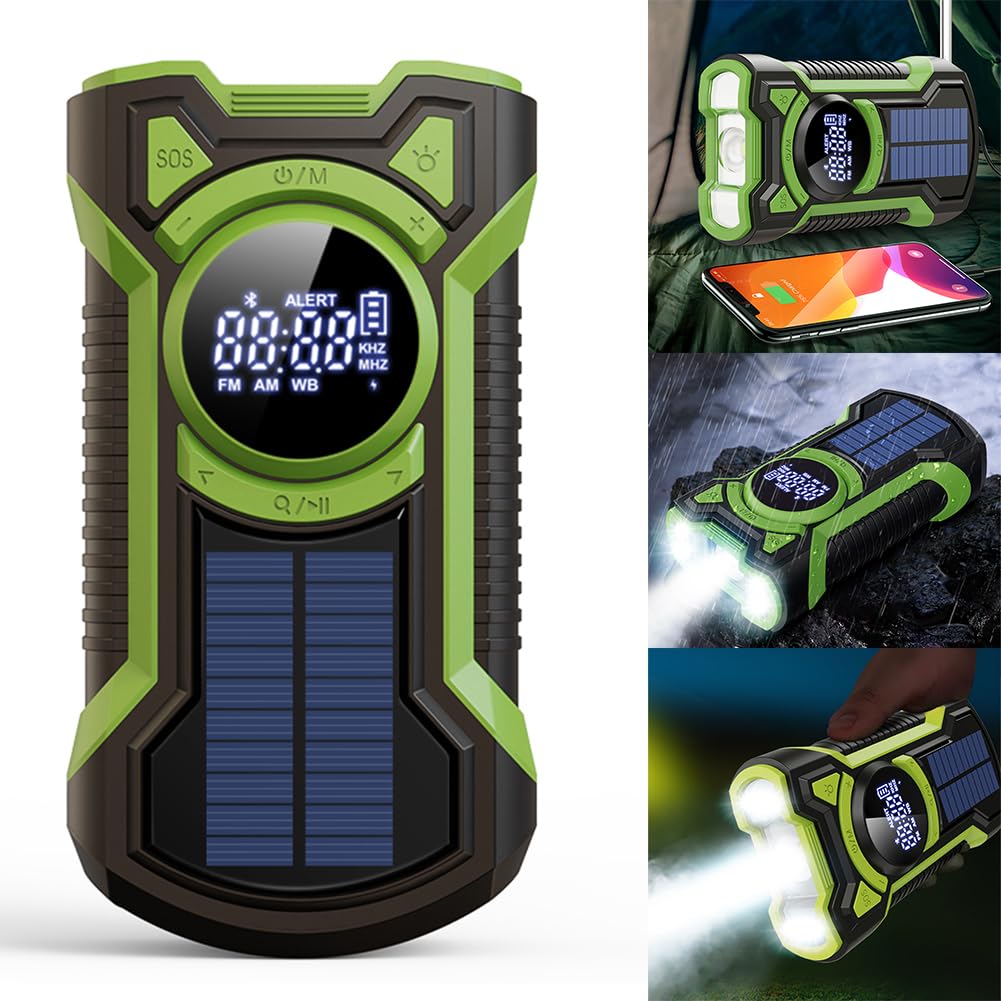 Radio de Emergencia Manivela, Radio Solar Multi-Poder a Prueba de Agua con Manivela y Cargador de Teléfono 5000mAh, BT, Linterna LED y Alarma SOS para Emergencias