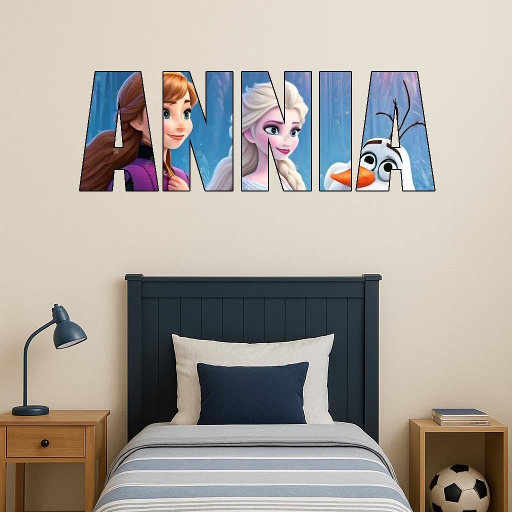 Kids Personalised Name Sticker Frozen Bedroom Wall Decal Girls Boys Elsa Anna (Size:Small - 45cm x 20cm;)