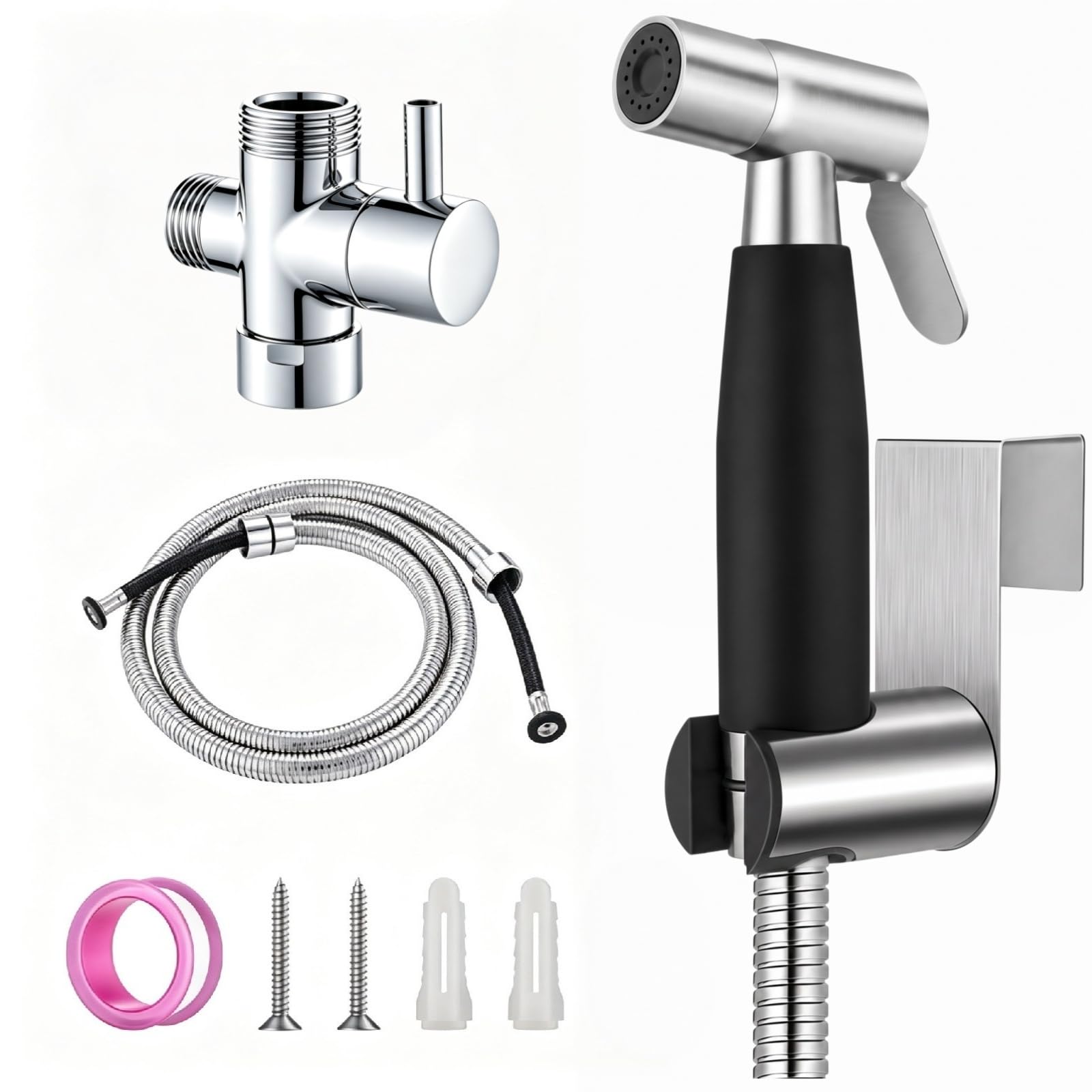 Mornwaen Handheld Bidet Sprayer Kit with Flexible Hose and T Valve,Adjustable High Pressure Jet Sprayer for Feminine Hygiene Pet Bath and Bathroom Cloth Diaper Cleaning