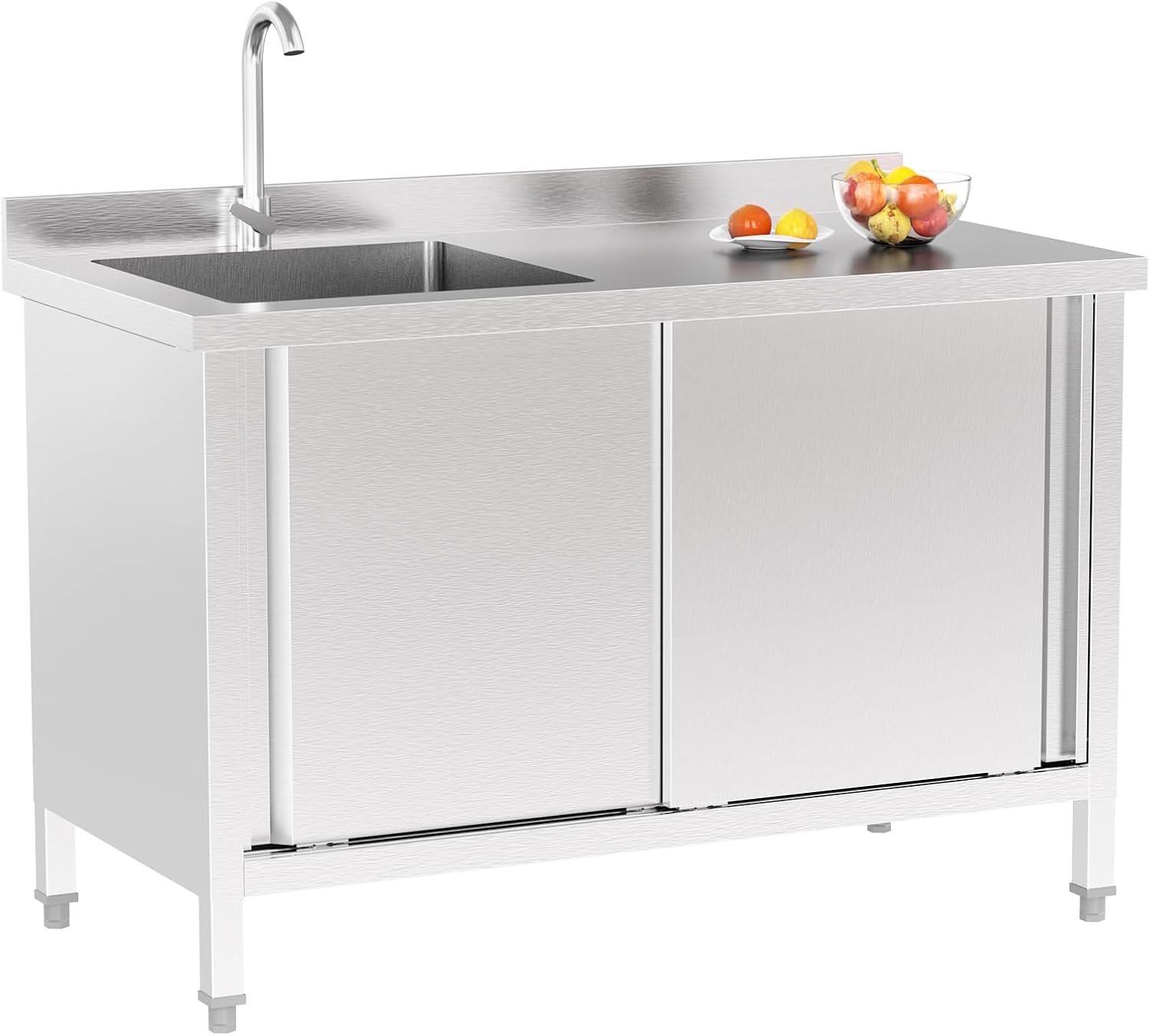 ROVSUN Commercial Stainless Steel Utility Sink with Cabinet, 45.6"D x 22"W x 36.9"H, Heavy-Duty Freestanding Prep & Cleaning Sink for Restaurant, Kitchen, Garage, Laundry & Outdoor Use