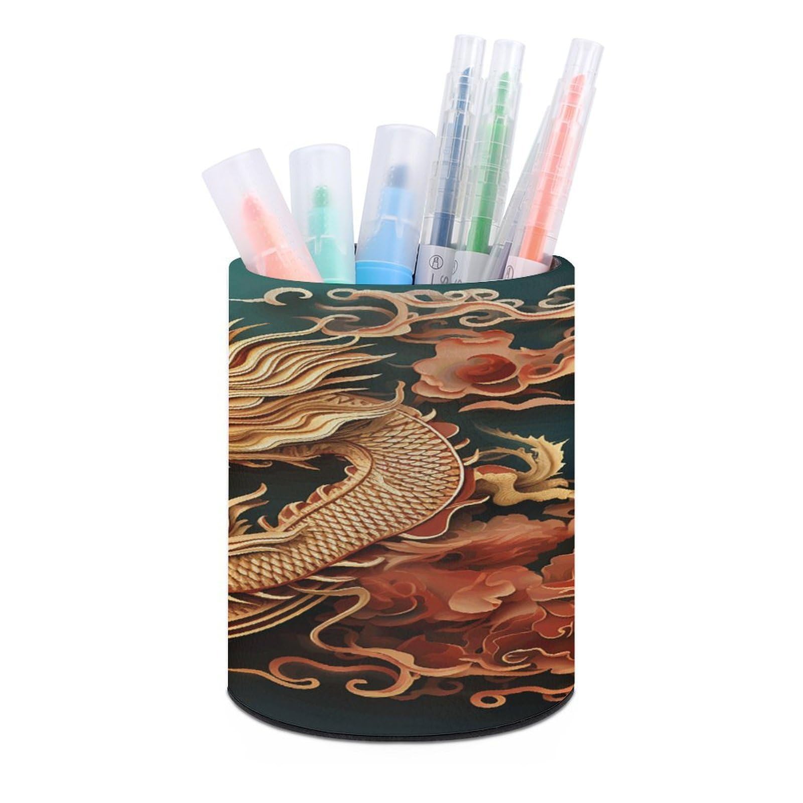 VstaDank Dragon Chinese Background Pen Holder PU Leather Pencil Cup Minimalist Desk Pencil Holder Round Make Up Brush Organizers For Office Dorm Room&Vanity Desk Accessories