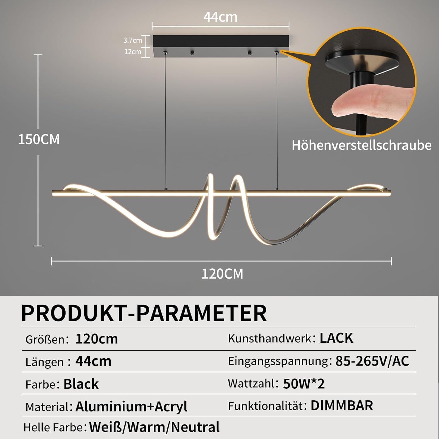 Mikeru Moderna Lampada a Sospensione a LED, 120cm Nero Dimmerabile con Telecomando E Funzione Memoria e 3 Luci a Colori (3000k/4500k/6000k) Lampadario 5000LM per Cucina e Interni