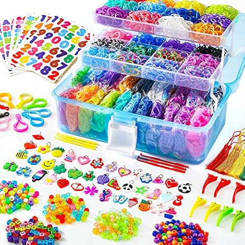 INSCRAFT 17500+ Rubber Loom Bands with 3 Layer Blue Container, 28 Colors, 600 S-Clips, 352 Beads, 40 Cartoon Pendant, Bracelet Making Refill Kit for Kids Cover