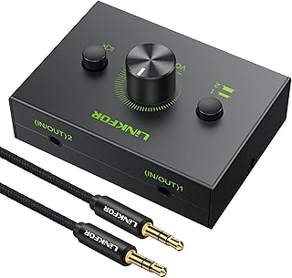Audio Switch, LiNKFOR 2 Ports 3.5mm Stereo Audio Selector Box with 3.5mm Audio Cable Support 1 in 2 Out / 2 in 1 Out, Mute Button Compatible with PC, CD Player, Laptop, Headphone, Plug & Play