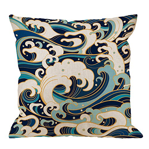 HGOD DESIGNS Japanese Pillow Covers,Decorative Throw Pillow Traditional Oriental with Ocean Waves Foam Splashes Pillow Cases Cotton Linen Square Cushion Covers for Home Sofa Couch 18x18 inch Darkcyan
