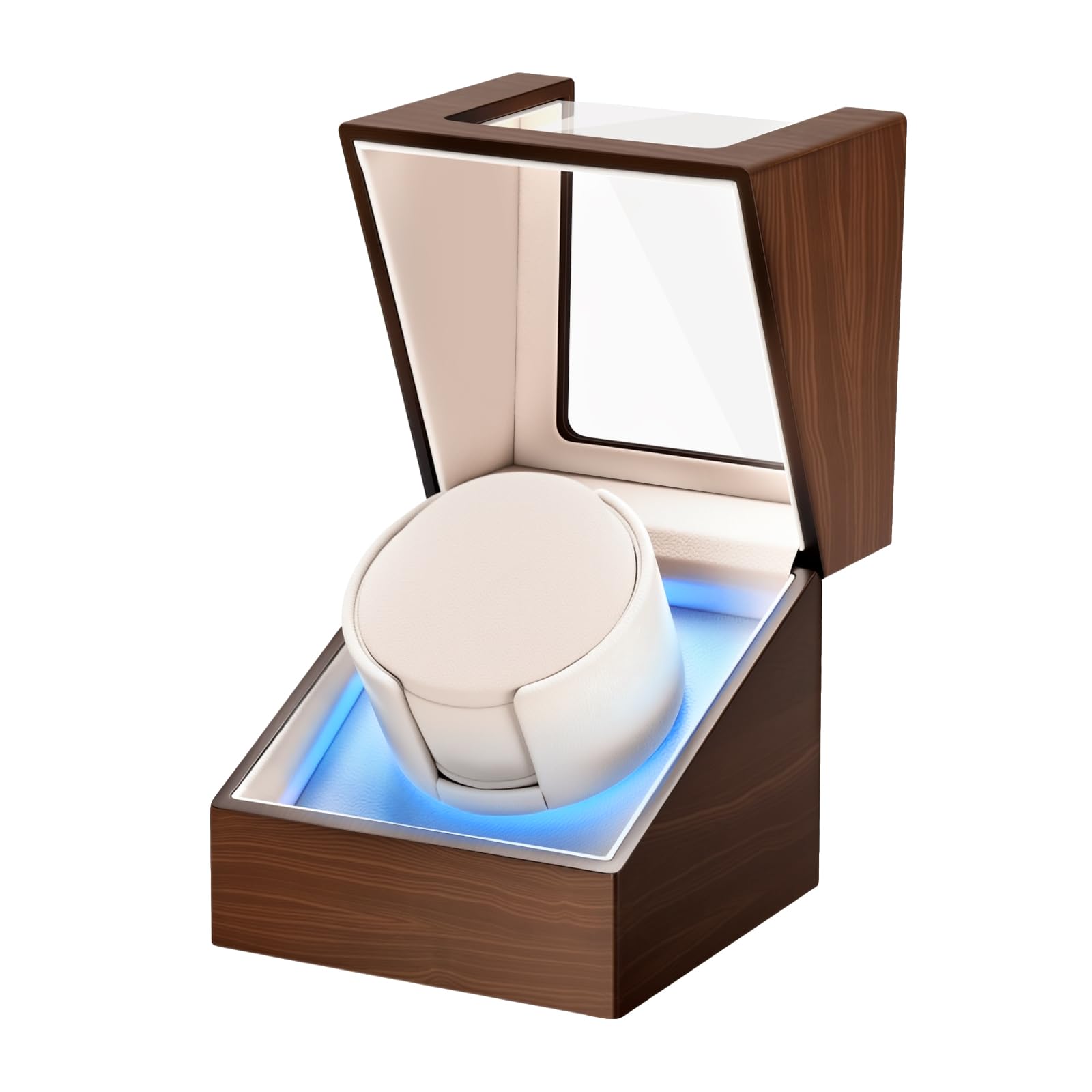 Uhrenbeweger für Automatikuhren, Ultra leiser japanischer Motor (<5db), Holz Selbstaufzug Uhrengehäuse mit blauem Umgebungslicht, Geschenk für Männer Frauen Papa