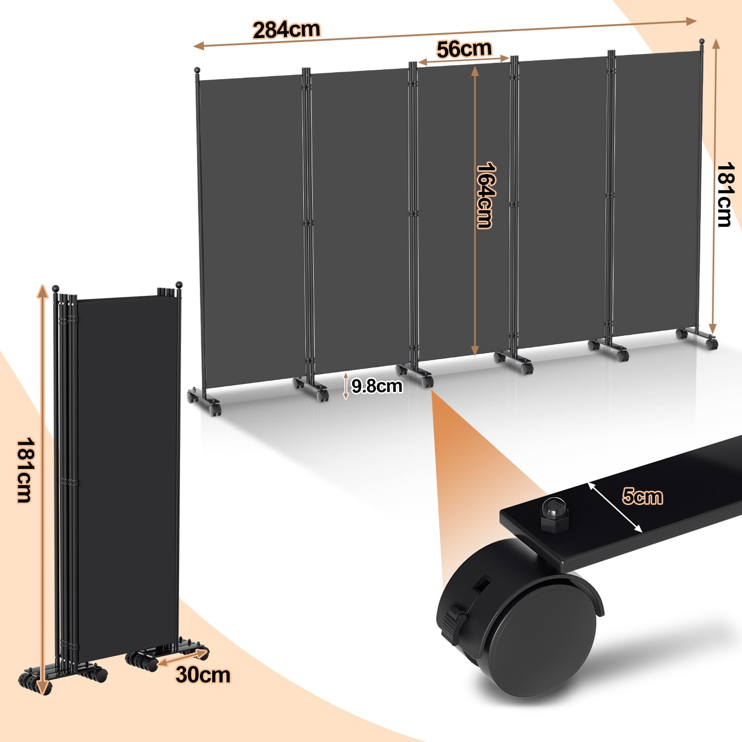 Fiqops Biombo separador de espacios con ruedas, 5 unidades, 284 x 181 cm, resistente a la intemperie, para exteriores, oficinas, balcones, color antracita