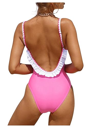 Cut Out Ruffled Open Back Spaghetti Strap Swimwear - Small - Pink