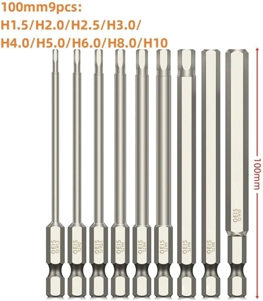 9pcs Hex Screwdriver Bit Set Rustproof S2 Steel Magnetic Ball Head Hex Bits 1/4 Inch Hex Shank50mm(100mm)