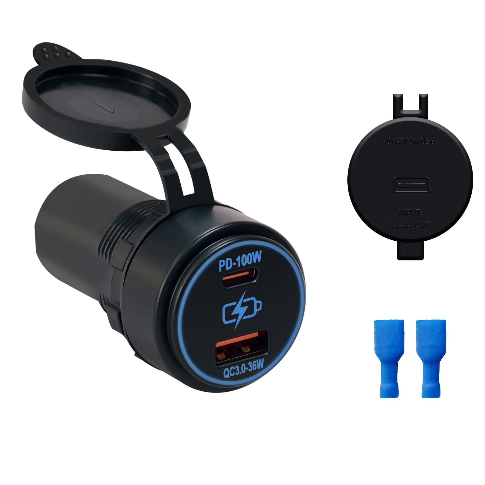 100W Dual USB Auto Ladegerät Buchse PD100W QC3.0 Schnellladung Typ C & Typ A Anschlüsse 12V/24V Kompatibel für Autos LKW RV Boote Marine (PD100W QC3.0)