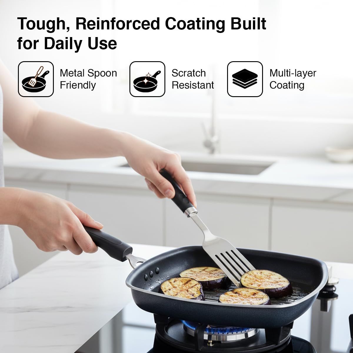 Prestige Omega Select Plus Square Induction Base Non-Stick Aluminium Grill Pan 25 Cm, Black|Nonstick Coating|3 Layer; Finish|Metal Spoon Friendly 3
