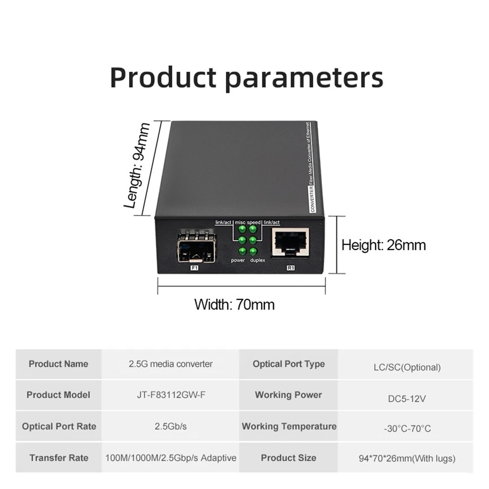 Port émetteur-récepteur à Fibre Optique 2,5 G Convertisseur photoélectrique 2,5 G Port RJ45 Convertisseur Ethernet 100/1000 mètres/2500 mètres