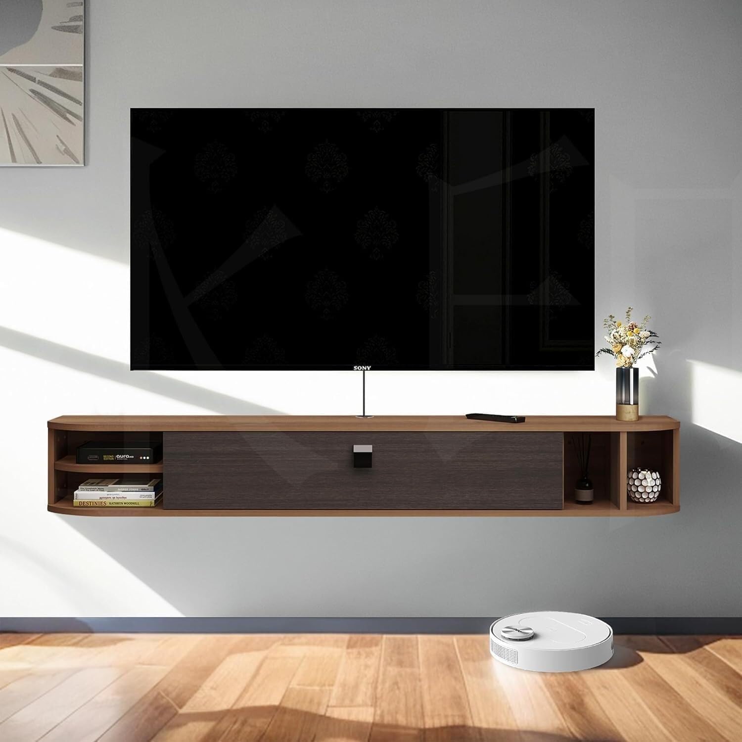 mobile TV Moderna console TV sospesa, supporto TV a parete, scaffale for centro di intrattenimento con spazio aperto for soggiorno(White,1.2m)