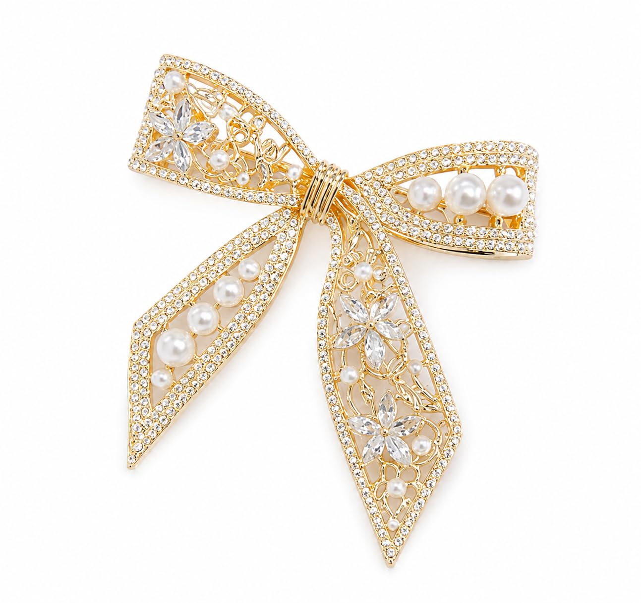 Gold-Tone Bow Brooch with Crystal Stones and Faux Pearl Accents-picture-33