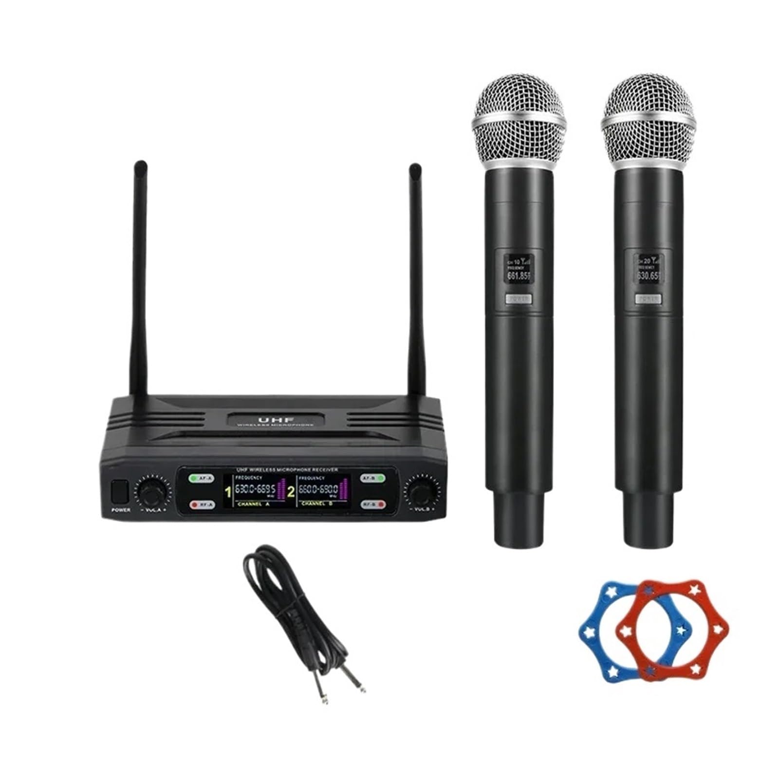 Microfoni Wireless con 2 Trasmettitori Dinamici Portatili, Set A Doppia Frequenza Fissa for DJ, Karaoke, Matrimoni, Casa, KTV Compatibilità Universale