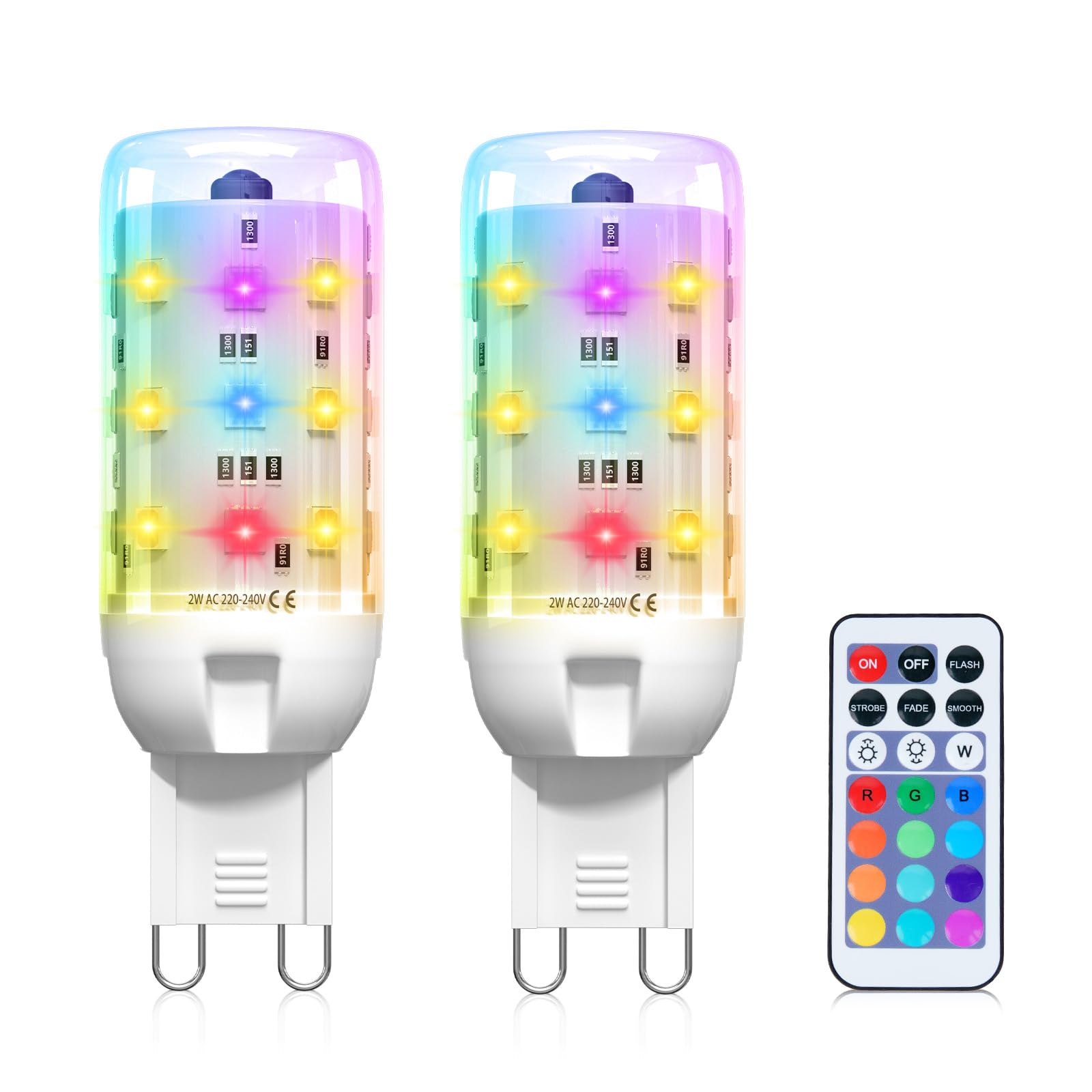 BrightWish 2-Pack 2W G9 LED Colour Changing Light Bulbs, Dimmable RGB & Warm White, 13 Colours, Remote Control