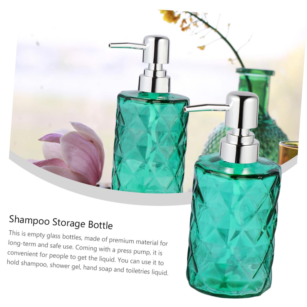 TOPBATHY Set 2 Bottiglie Vuote in Vetro 330ml Con Pompa Argento Bottiglia Sub Per Shampoo e Lozione Bottiglia Pressata Con Motivo a Diamante Per Uso Bagno e Cosmetici