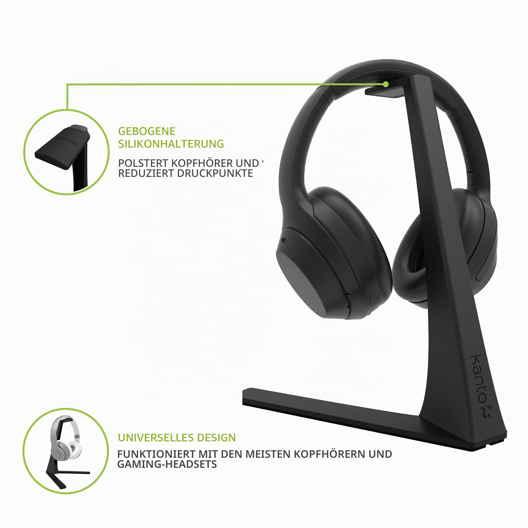 Kanto H3 Universal Desktop Headphone and Headset Stand with Silicone Padding & Adapter Holder | 9.9 kg Weight Capacity | Curved Silicone Cradle | Black
