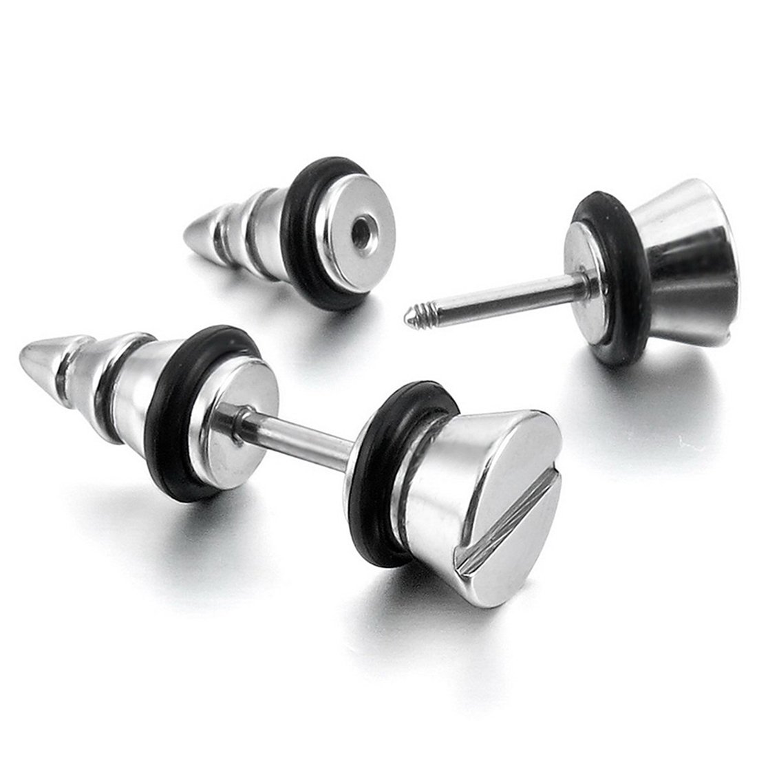 316L Stainless Steel Stud Earrings Rubber Silver Tone Screw Spike Plug Tapers For Men Boys - Valentines Gift for Him-image-13