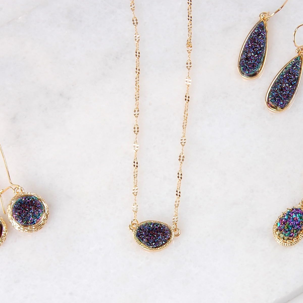 Humble Chic NY Simulated Druzy Pendant Necklace for Women with Sparkly Oval Stone - Gold, Silver, or Rose Gold Tone Chain - 16" with 3" Extender - Image 7