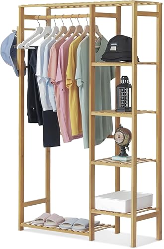 Magshion Perchero de bambú de 6 niveles para guardar ropa, con ganchos laterales, estante de ropa resistente, portátil, organizador de armario para