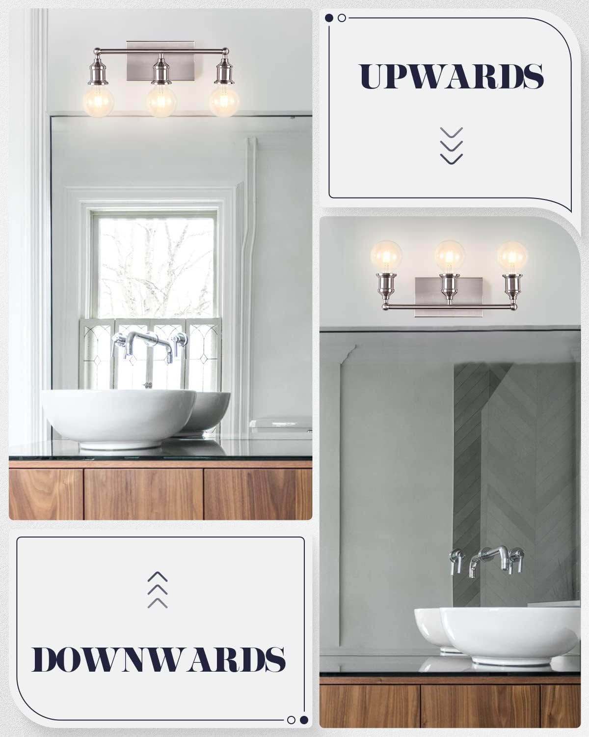 3-Light Vanity Light Fixture, Modern Brushed Nickel Wall Sconce Light Fixture, Industrial Bathroom Vanity Wall Lighting for Mirror, E26 Base Indoor Wall Lamps for Hallway(Bulb Not Included)