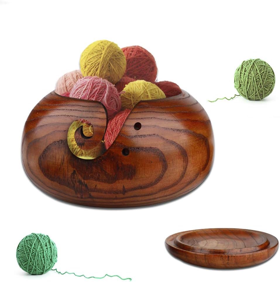 FantasyDay Handmade Wooden Yarn Bowl with Lid, 6.3 Inch Yarn Storage Bowl Rose Wood Weaving Yarn Holder Bowl with Thread Slot - for Knitting and Crocheting DIY Accessories Gift