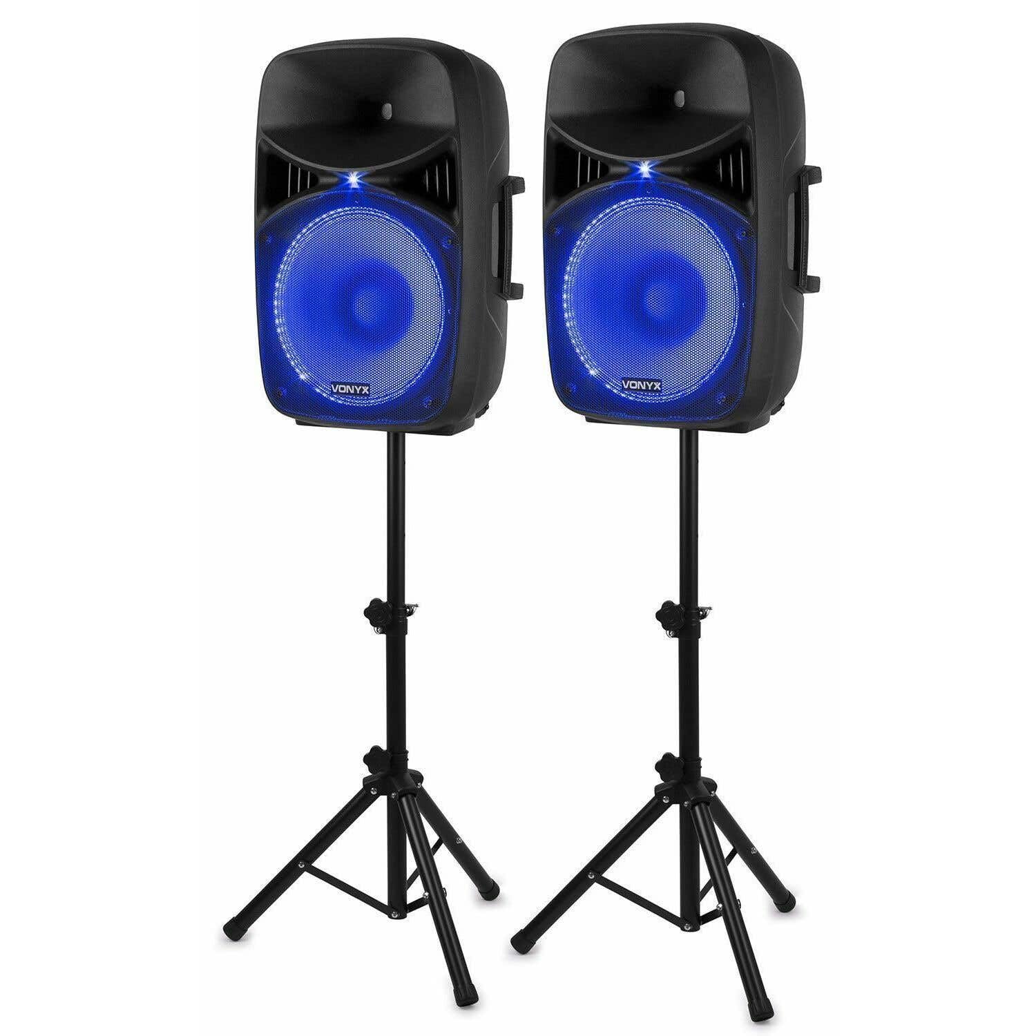 Vonyx VPS152A Altavoces autoamplificados Pack de 2 Altavoces Activo/Pasivo Bluetooth portátiles de 1000W, 15 Pulgadas, micrófono con Cable, Control Remoto, Trípodes, Reproductor MP3 con USB/SD, Leds