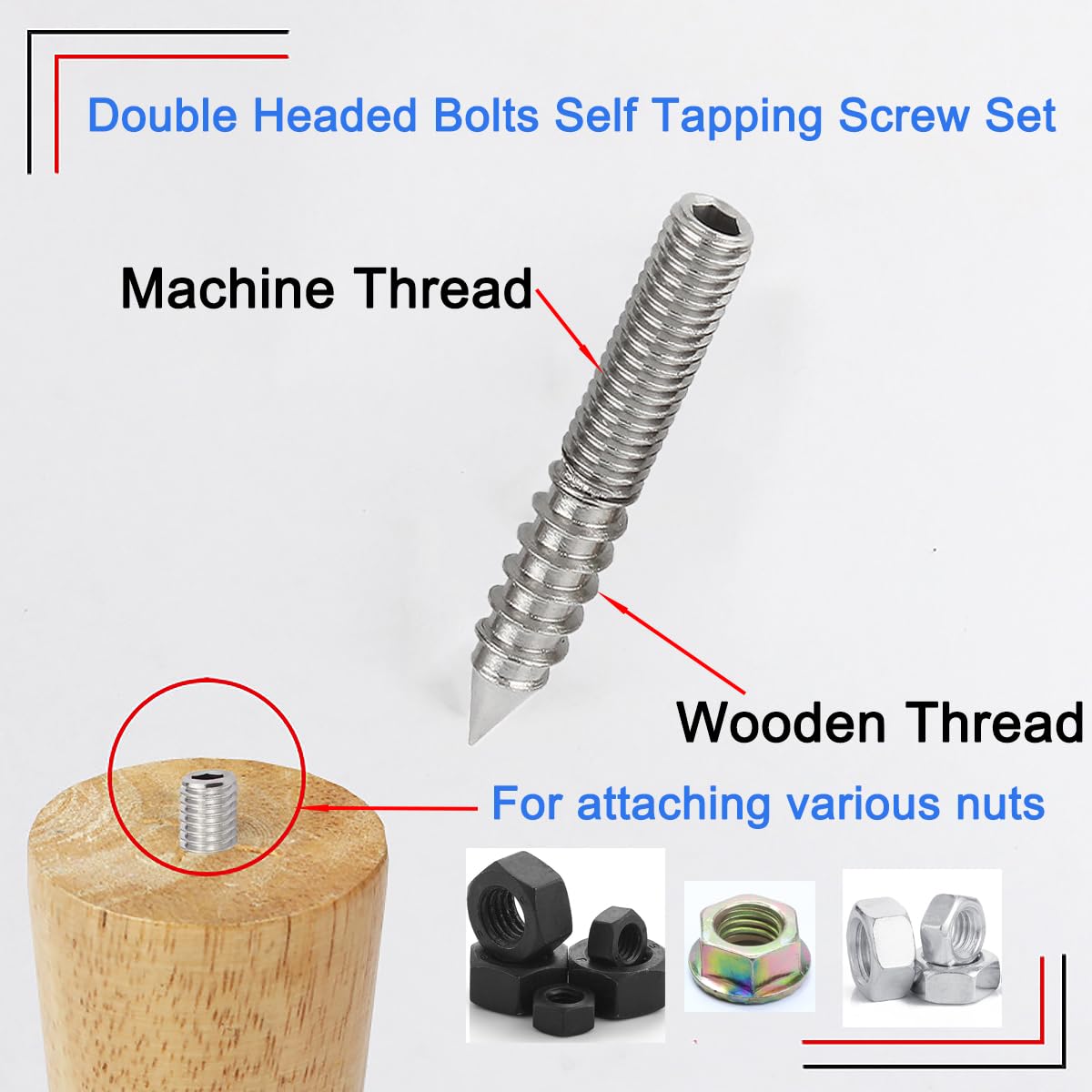 40 Pcs M4 M5 M6 Hanger Bolts, Double Sided Screws, Stainless Steel Screw Self-Tapping Double Ended Screw for Wood Joints(30/40/50/60mm) - Image 4