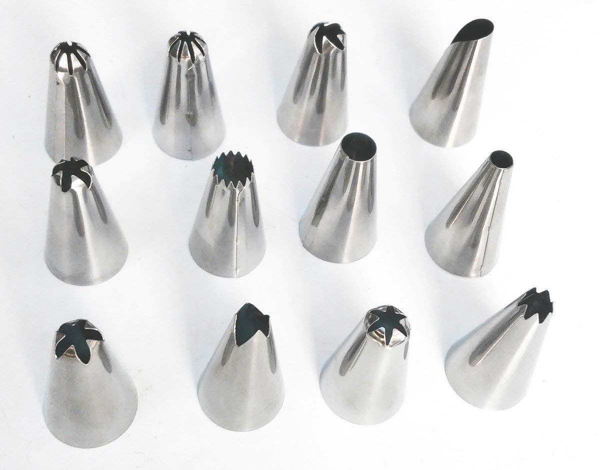 Perfect Pricee Stainless Steel Nozzles with Extra 50 Piping Bag Cake Muffin Decoration Icing Reusable and Washable Kitchen Tool Kit; Standard Size; Silver -Set of 12 Pieces
