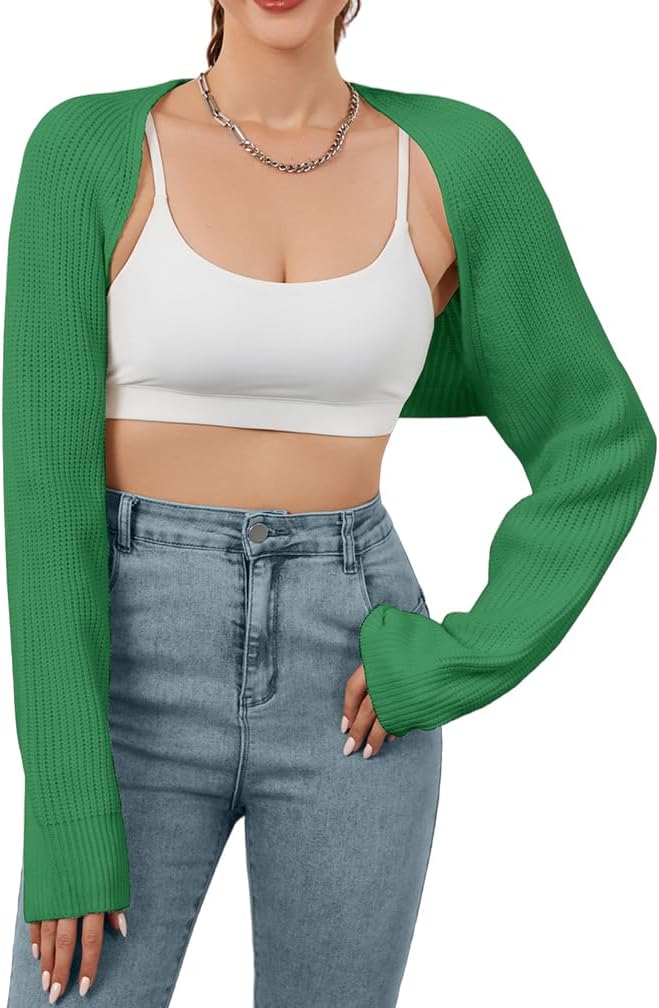 Women Open Front Ribbed Knit Crop Bolero Drop Shoulder Long Sleeve Solid Loose Fit Knitted Crop Cardigan Shrug - Image 9
