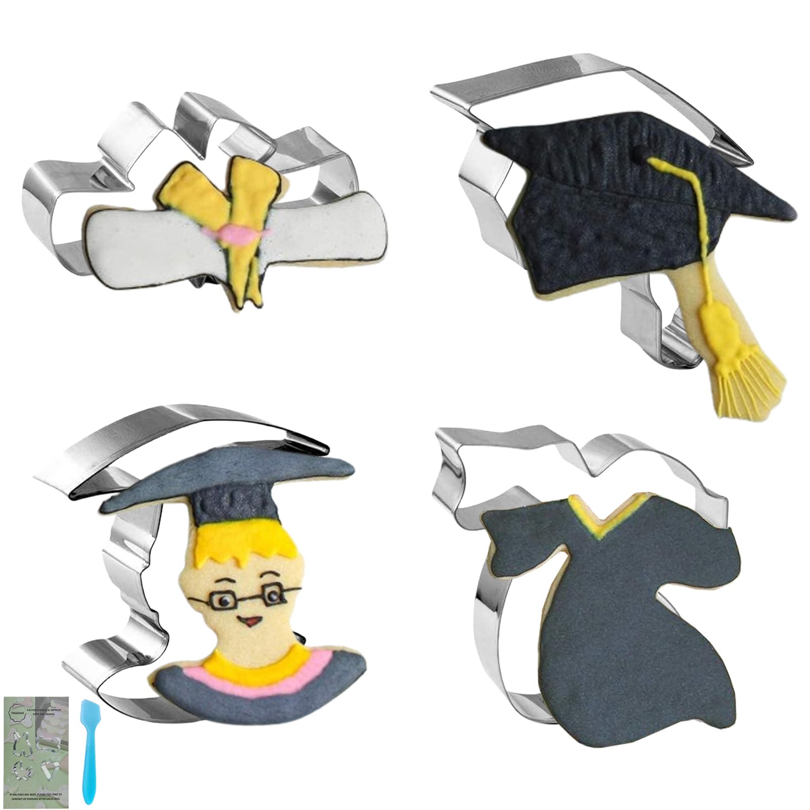 TINGSING Graduation Cookie Cutter Set, 4 Pieces Graduation Cap, Diploma, Graduation Gown Cookie Cutter Stainless Steel Cookie Mold for Biscuit, Fondant, Dough