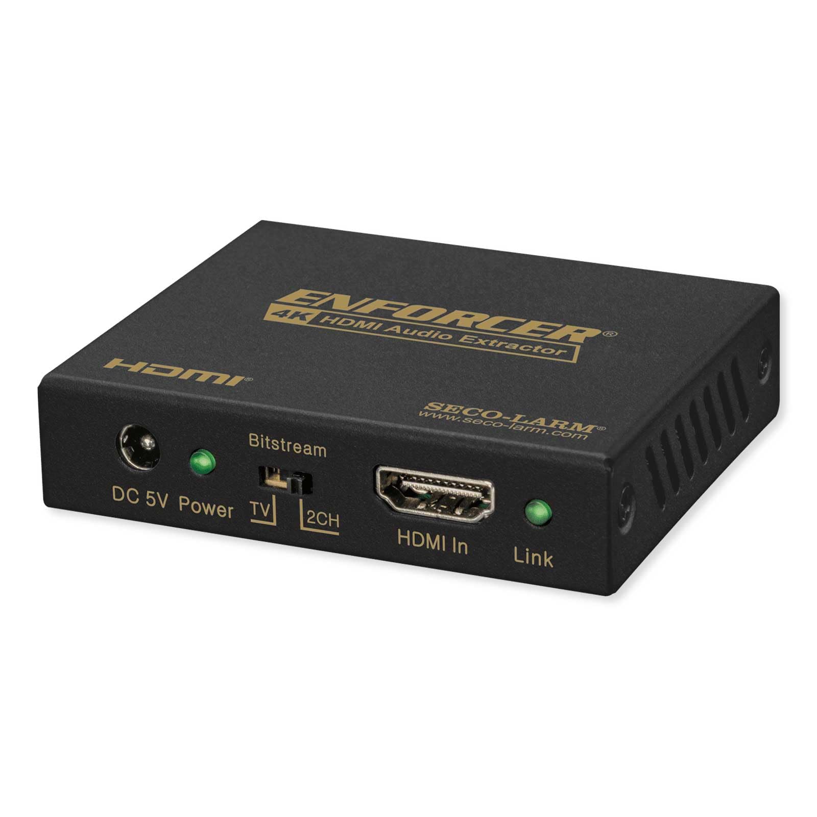 Seco-Larm MAP-A599-01Q Enforcer 4K HDMI Audio Extractor; Supporta risoluzioni video fino a 4K2K a 50/60Hz; HDMI 2.0b, HDCP 2.2, DVI; 10 bit High Dynamic Range; Tensione di funzionamento 5VDC