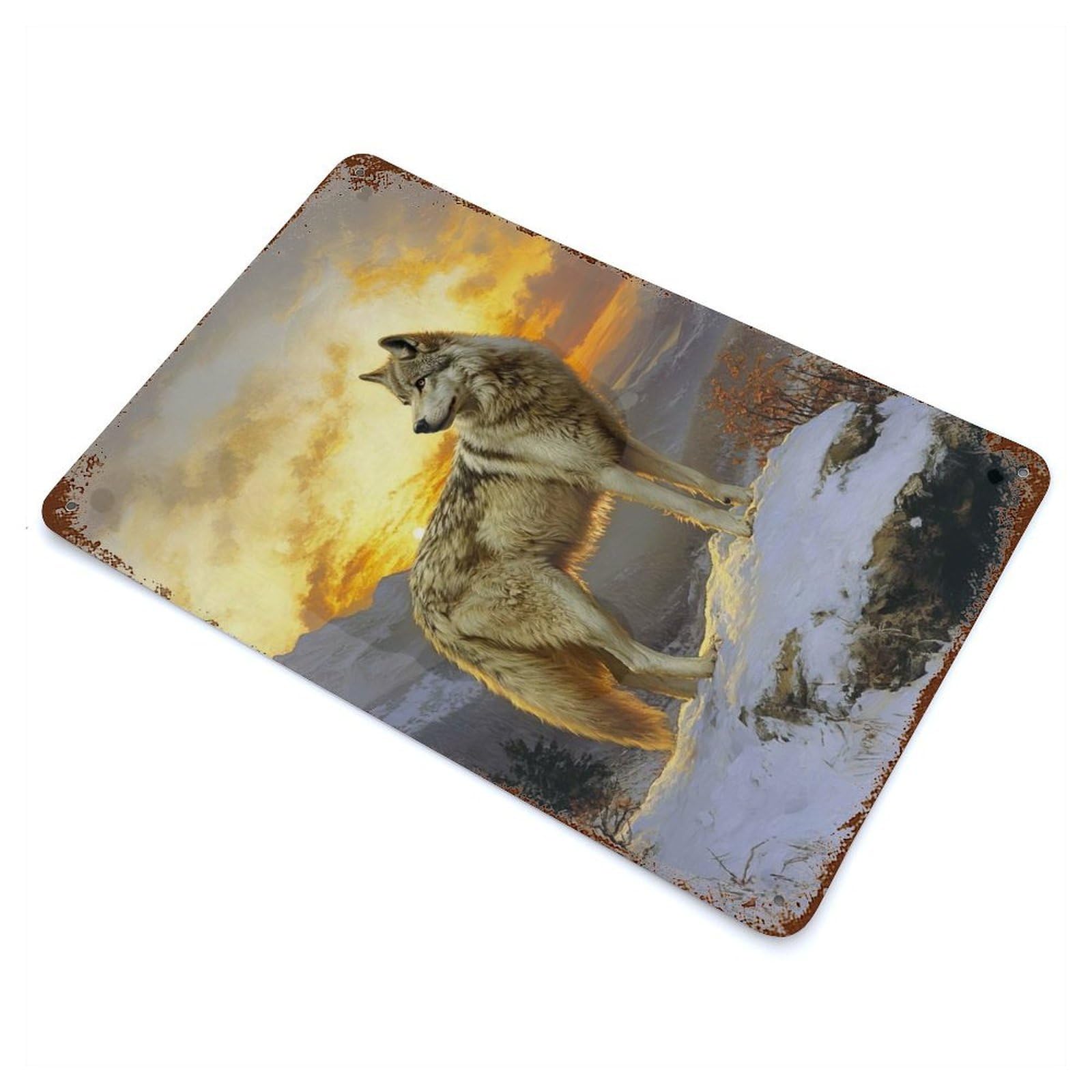 Vintage Rust Metal Sign Wolf at Sunset 11.8"x7.9", Shabby Chic Decor for Cafe, Home Bar And Lounge Decor