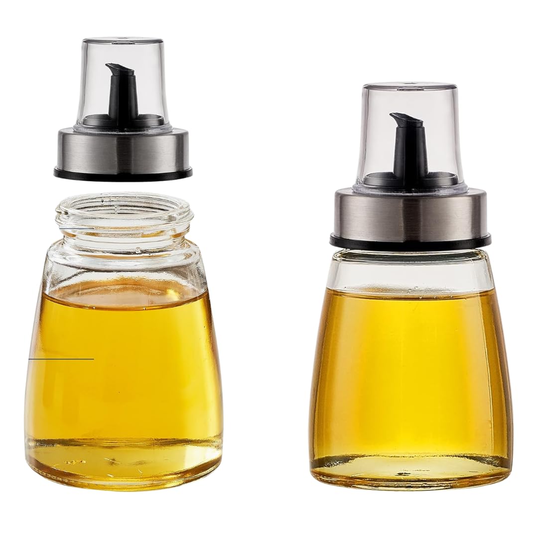 PARENCE.- Butelka oleju 200 ml z nakrętką do nalewania - Dozownik ze szkła i stali nierdzewnej - Pojemnik na olej, ocet, sos - 6,5x6,5x12,5 cm - Precyzyjne nalewanie bez kapania
