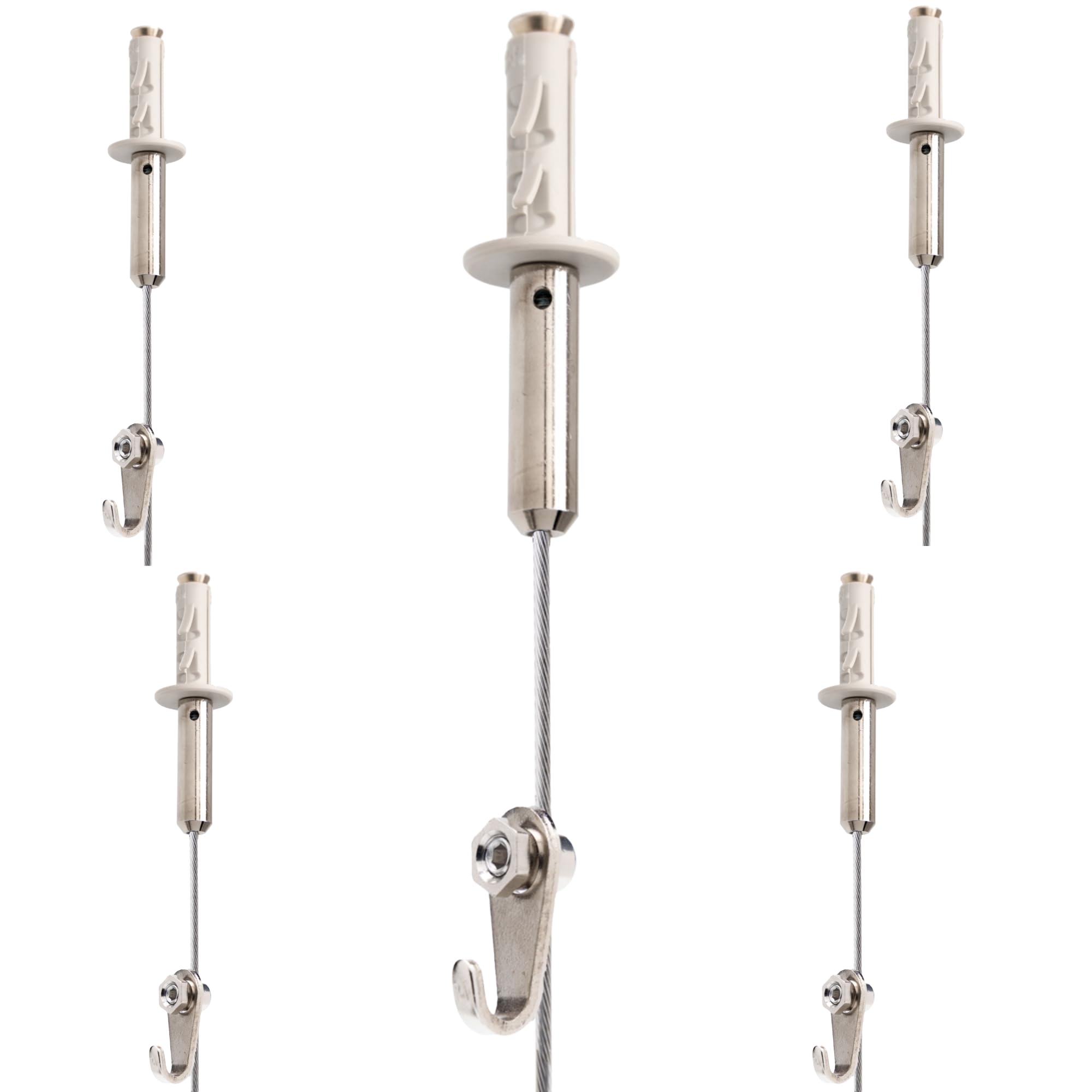 Gancho para colgar cuadros | Gancho RM con ajuste manual | Cable de acero de 2 m | Altura regulable sin herramientas | Soporta hasta 15 kg | Incluye taco expansivo - 5 unidades