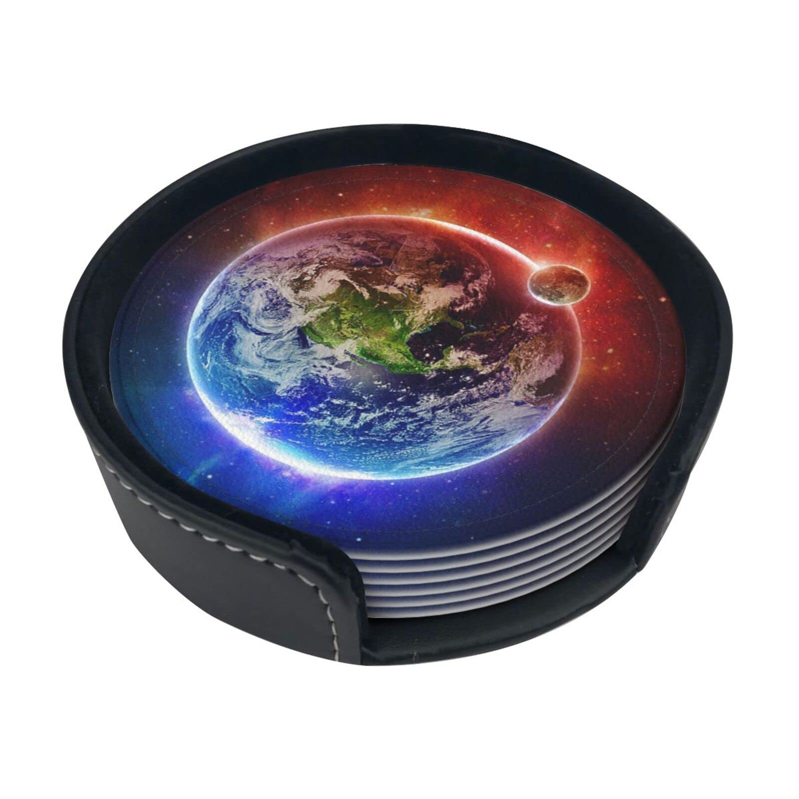 Faduni Space Planet Earth Coasters For Drinks, 6 Pcs Leather Coaster With Holder, Round Cup Mat Pad Set For Home And Kitchen 3.9 Inches