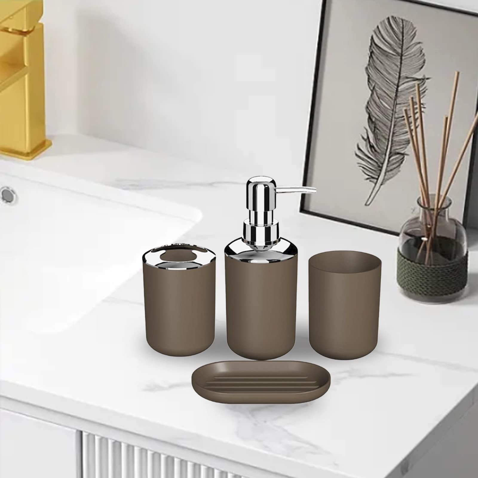 Hosoncovy 4 Pieces Bathroom Accessory Set including Soap Dispenser, Bathroom Cup, Soap Dish ,Toothbrush and Toothpaste Holder (Brown) - Image 3