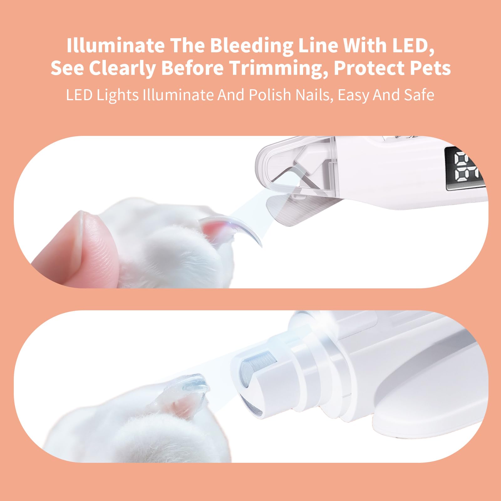 Cortadora de uñas 2 en 1 para perros y amoladora de uñas para perros con 2 luces LED, funcionamiento de bajo ruido, recargable por USB, dispositivo de protección contra salpicaduras, múltiples métodos
