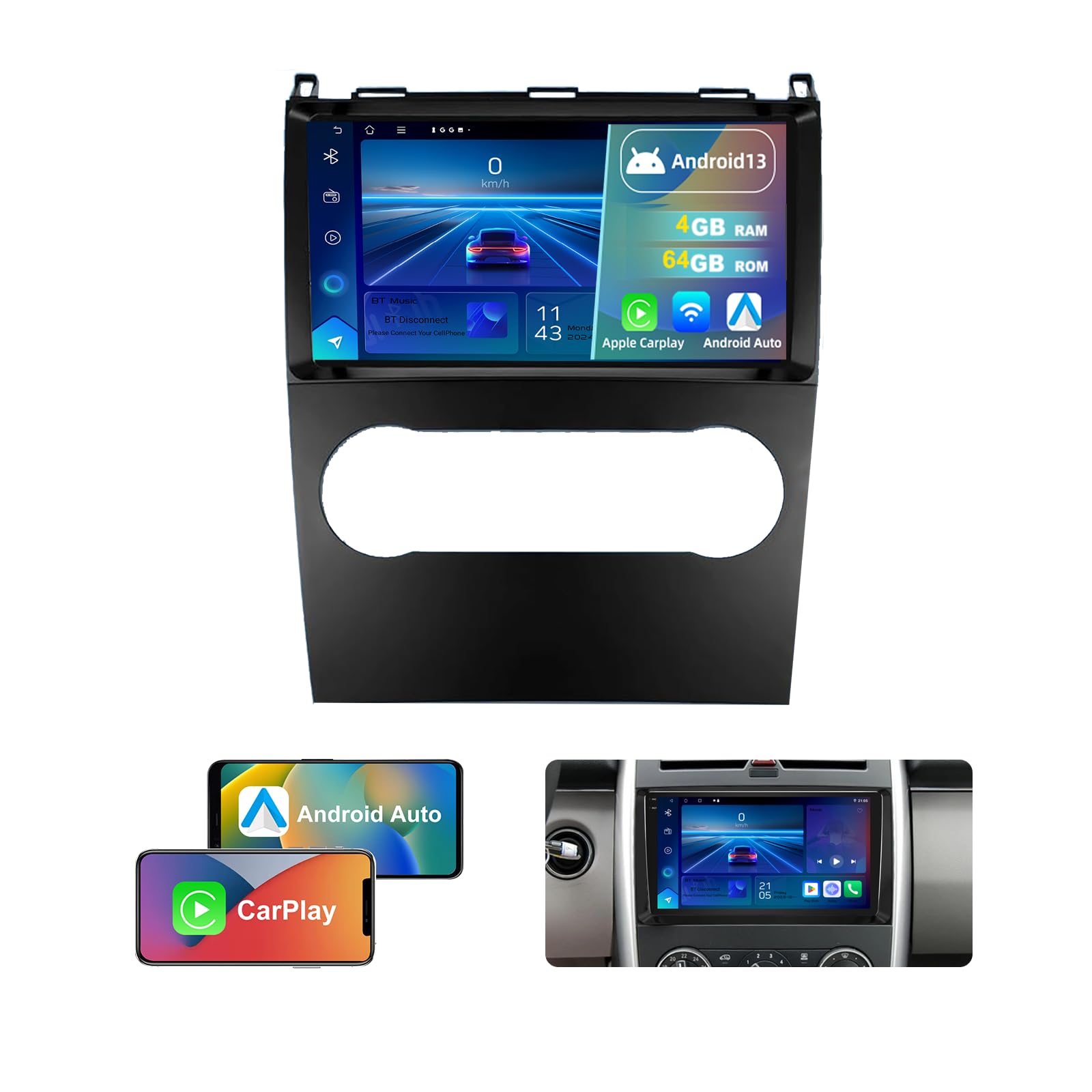 4GB+64GB Android13 Autoradio für Mercedes B-Klasse W245 B200 B160 B170 B180 A-Klasse W169, 9" QLED Touchscreen mit Wireless CarPlay & Android Auto, Navi GPS BT5.4 WiFi DSP RDS (Spezialrahmen (lang))