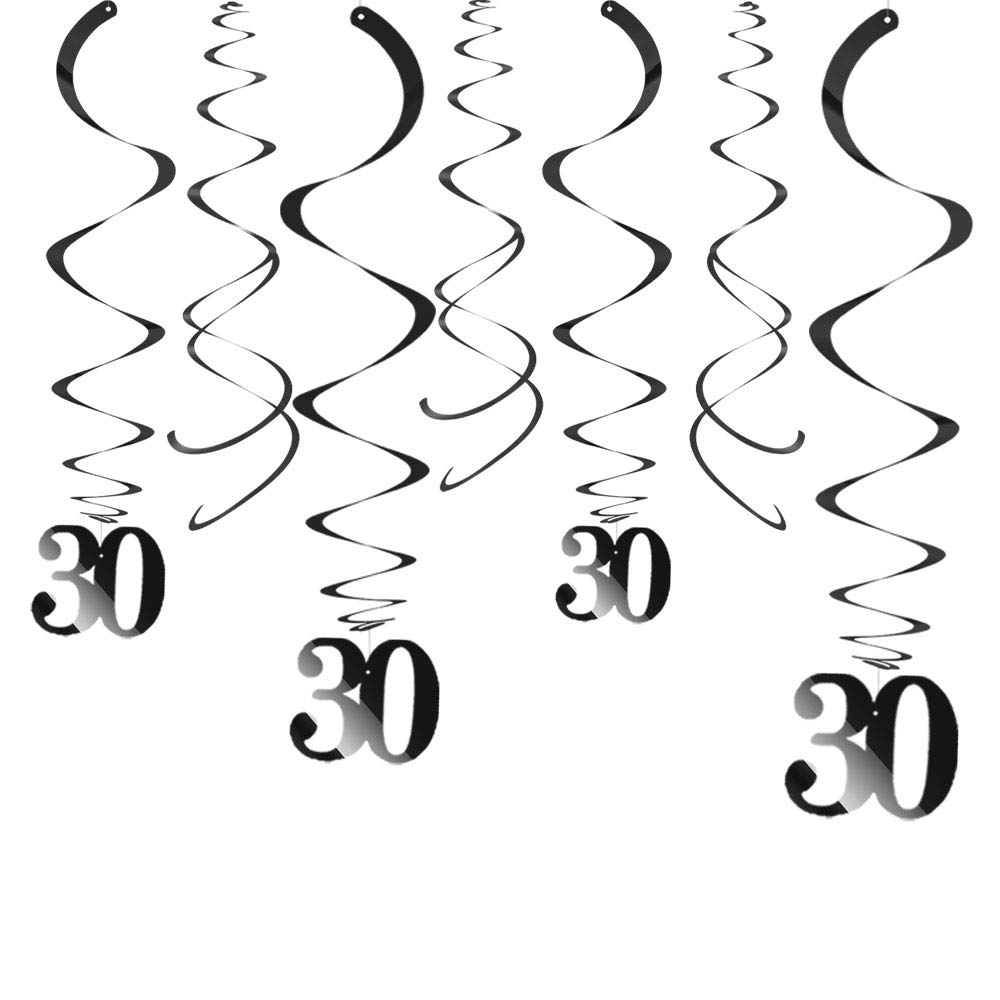 Aimto Black 30 Party Swirl Birthday Decorations-Foil Ceiling Hanging Swirl for 30th Birthday Party Decorations 30th Anniversary - Pack of 20