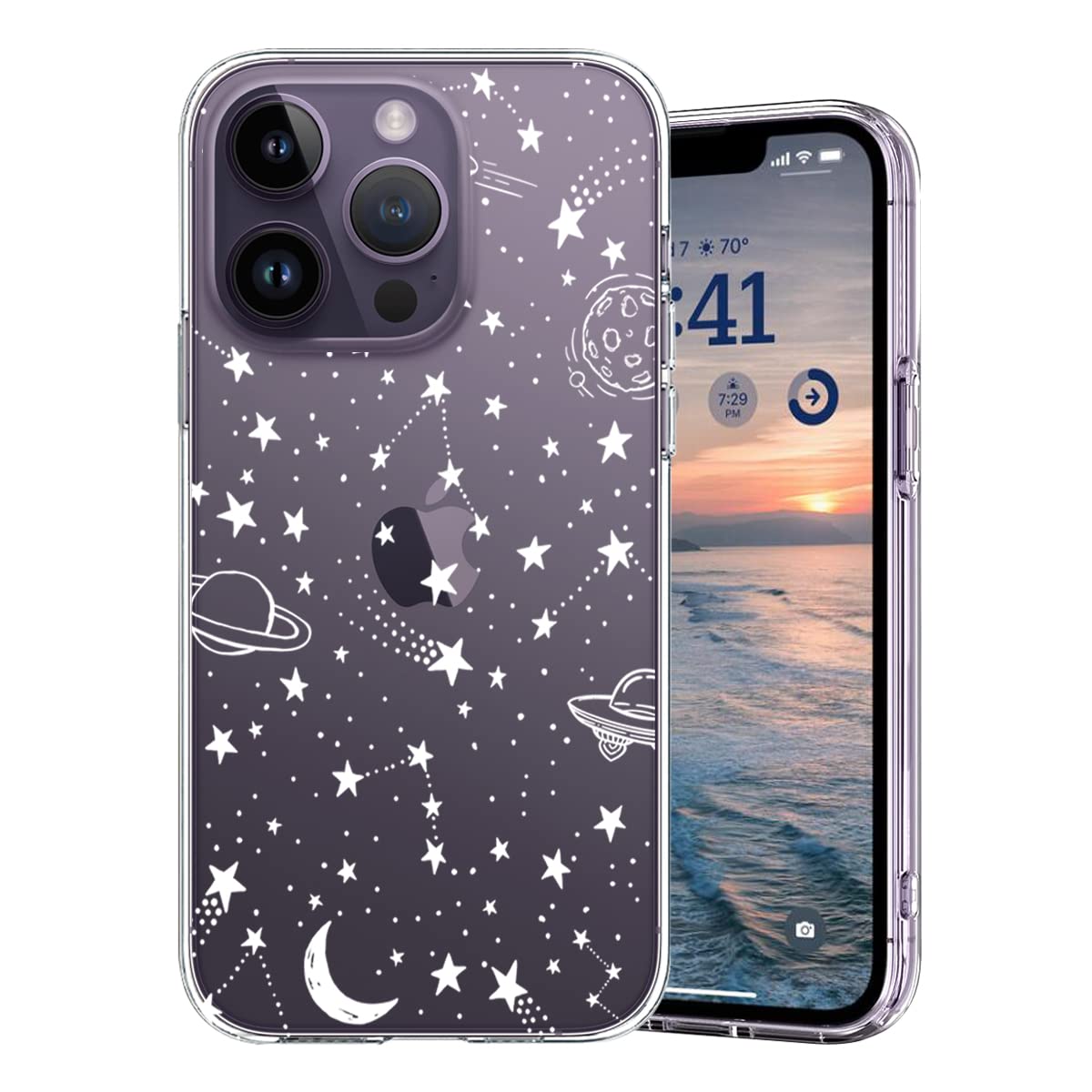 KEXAAR Compatible with iPhone 14 Pro Case, Stars Moon Alien UFO Meteor Space Universe Shockproof Protective Bumper Hard Back Slim Cute Clear Phone