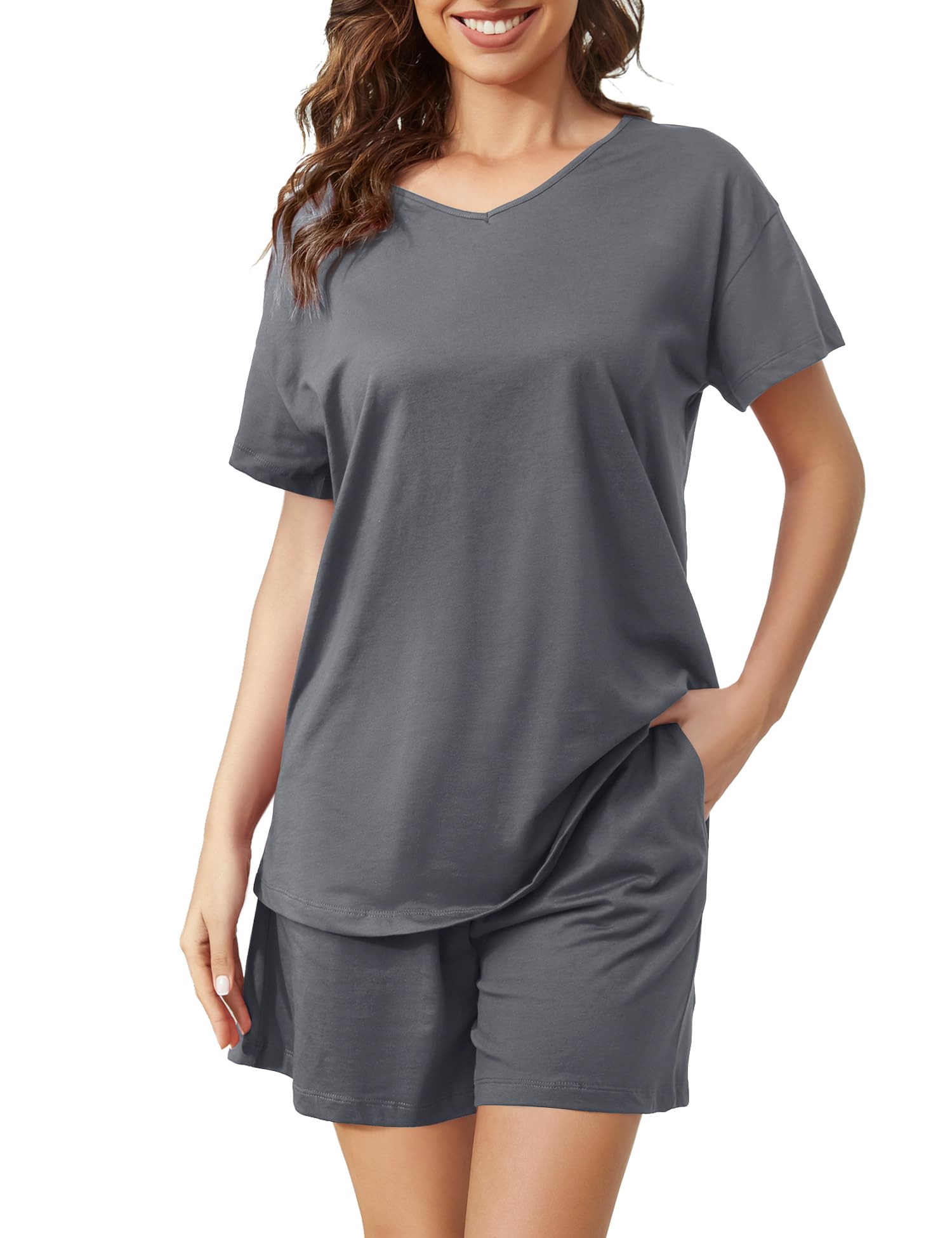 ENJOYNIGHT Women's Pajama Set Short Sleeve Shirt and Shorts Sleepwear V Neck Pjs with Pockets